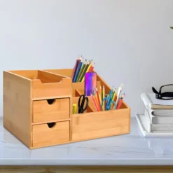 Organiseur de bureau - 7 compartiments, 2 tiroirs - bambou