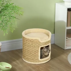 Panier coussin griffoir chat 3 en 1 jonc de mer peluche beige