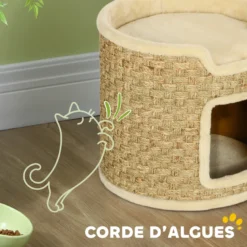 Panier coussin griffoir chat 3 en 1 jonc de mer peluche beige
