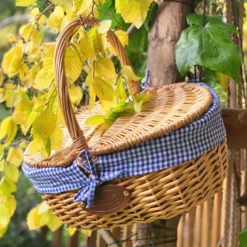 Panier en osier campagne vichy bleu