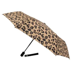 Parapluie automatique résistant au vent toile recyclée poignée en bois d’érable Léopard