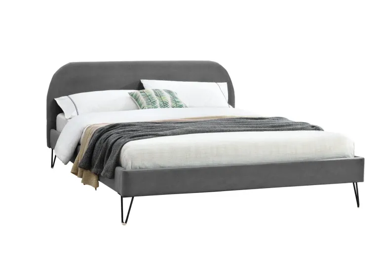 Phoenix lit 160 x 200 cm en velours gris et pieds noirs
