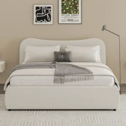 Plano lit coffre 140x190cm design arrondi velours côtelé beige
