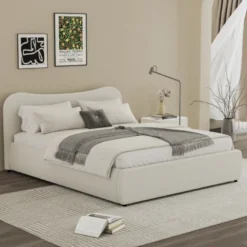 Plano lit coffre 140x190cm design arrondi velours côtelé beige