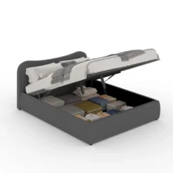 Plano lit coffre 140x190cm design arrondi velours côtelé gris