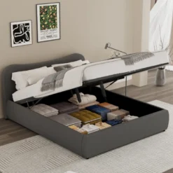 Plano lit coffre 160x200cm design arrondi velours côtelé gris