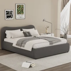 Plano lit coffre 160x200cm design arrondi velours côtelé gris