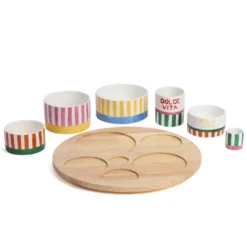 Plateau apéritif en bois et ses 6 coupelles en porcelaine Dolce Vita