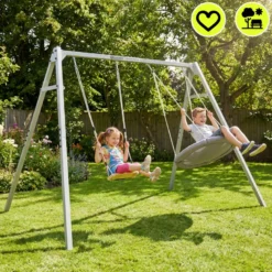 Portique jardin 4-en-1 hypermotion - nid-de-pie, balançoire bois & hamac oxford