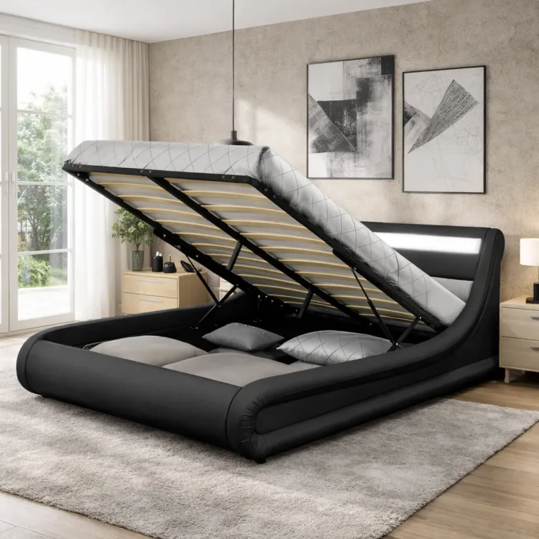 Portland lit coffre avec led 140 x 190 cm noir