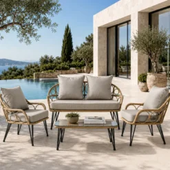 Porto salon de jardin 4 places avec table basse effet rotin naturel