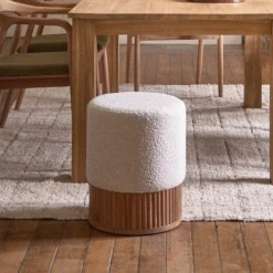 Pouf en teck et tissu bouclette 38 cm