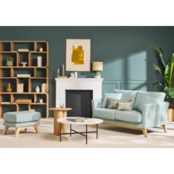 Pouf repose-pieds déhoussable en tissu vert lagon et bois clair oslo