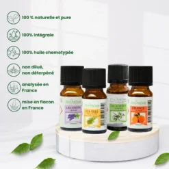 Quatuor d'huiles essentielles eucalyptus, arbre à thé, lavandin & orange