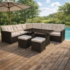 Rabi salon de jardin 9 places avec table en résine tressée marron et beige