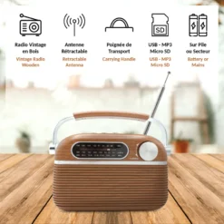 Radio vintage rétro bois fm am sw - mp3 usb micro sd - compacte et design