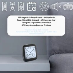 Réveil digital radio-piloté avec température, humidité et double alarme