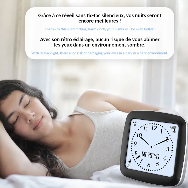 Réveil digital radio-piloté avec température, humidité et double alarme
