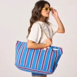 Sac cabas en coton biologique rayé bleu Bleu