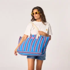 Sac cabas en coton biologique rayé bleu Bleu