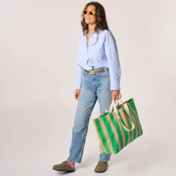 Sac cabas en coton biologique rayé vert Vert
