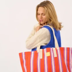 Sac cabas en coton biologique rayé orange et rose Orange