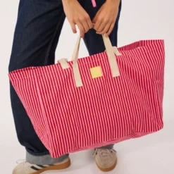 Sac cabas en coton biologique rayé rouge et rose
