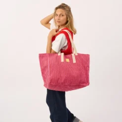Sac cabas en coton biologique rayé rouge et rose