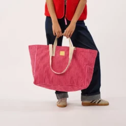 Sac cabas en coton biologique rayé rouge et rose