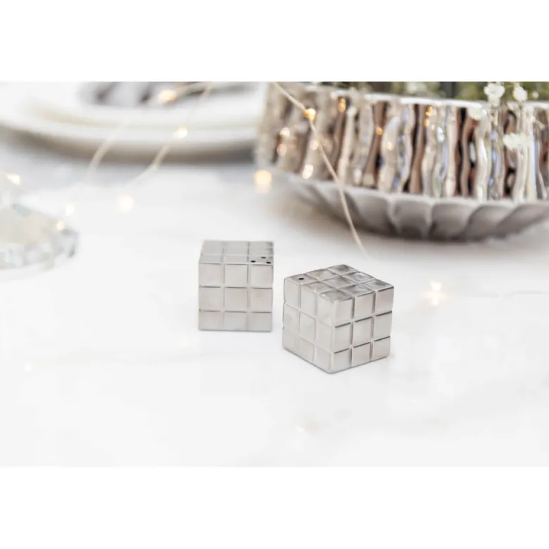Salière et poivrière rubik's cube argent