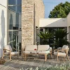 Salon de jardin bas 5 pl en aluminium imitation bois, coussins - marron