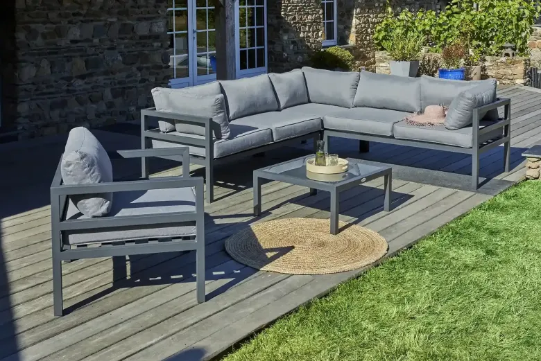 Salon de jardin d'angle 6 places en aluminium - gris anthracite