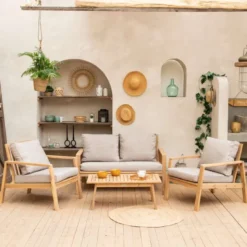 Salon de jardin en acacia 4 places gili - coussins sable