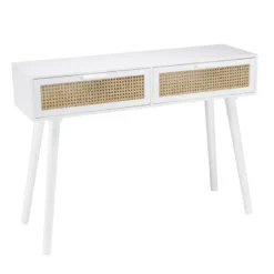 Sandro - console blanche 2 tiroirs cannage naturel et bois blanc