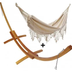 Set support bois avec hamac double franges écru