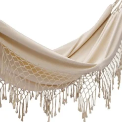 Set support bois avec hamac double franges écru