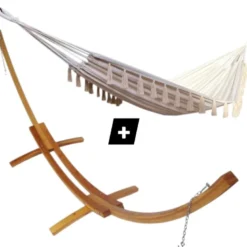 Set support bois avec hamac double ecru à pompons