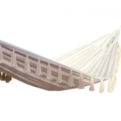 Set support bois avec hamac double ecru à pompons
