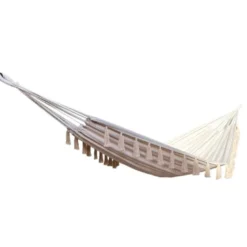 Set support bois avec hamac double ecru à pompons