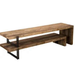 Sixtine - meuble tv marron 2 niveaux bois teck recyclé et métal noir