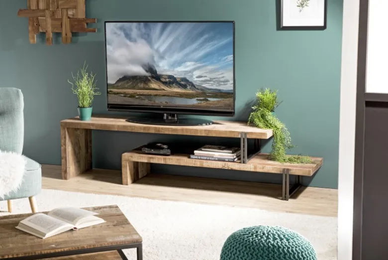 Sixtine - meuble tv marron 2 niveaux bois teck recyclé et métal noir