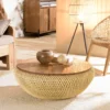 Sixtine - table basse ronde diam80 plateau bois teck recyclé rotin