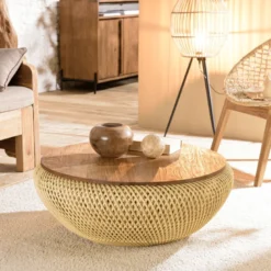 Sixtine - table basse ronde diam80 plateau bois teck recyclé rotin