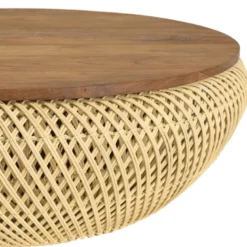 Sixtine - table basse ronde diam80 plateau bois teck recyclé rotin