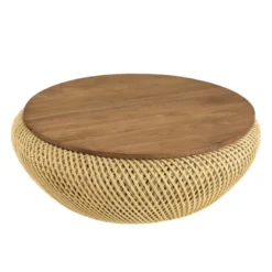 Sixtine - table basse ronde diam80 plateau bois teck recyclé rotin