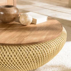 Sixtine - table basse ronde diam80 plateau bois teck recyclé rotin