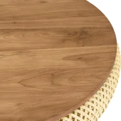 Sixtine - table basse ronde diam80 plateau bois teck recyclé rotin