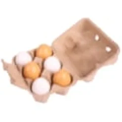 Six œufs de jeu en bois dans un carton