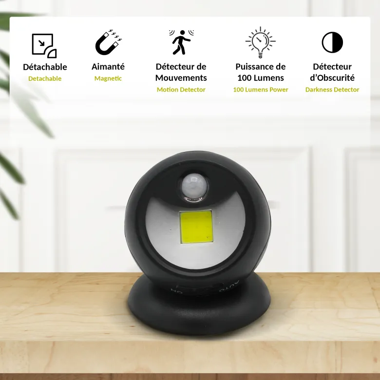 Spot cob 360° detecteur mouvement veilleuse torche detachable aimantee