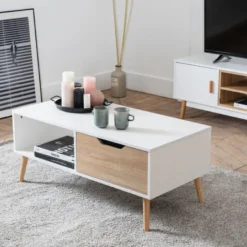 Table basse avec tiroir style scandinave blanche freja